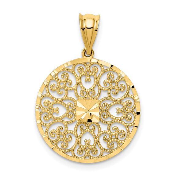 14K Yellow Gold Textured & Diamond Cut Filigree Circle Pendant 19mm